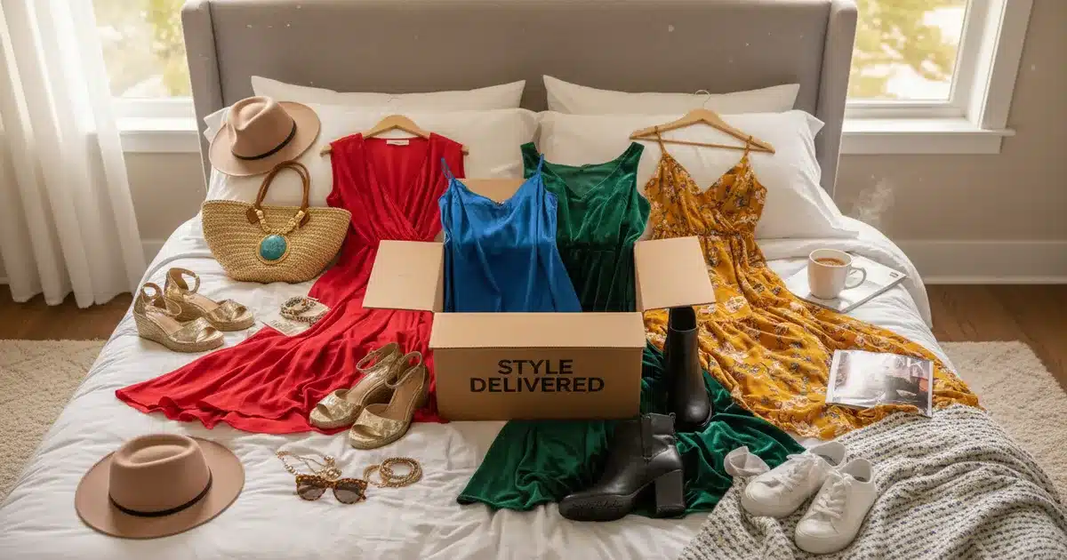 Try before you buy clothing alternatives to Amazon Wardrobe showing clothes and accessories laid out for at-home try-on