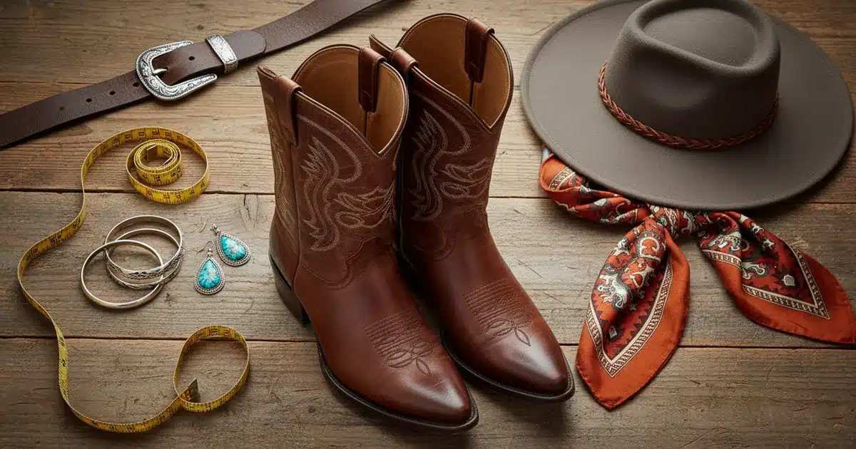 Women's cowboy boots with measuring tape on wooden surface - shoe sizing guide