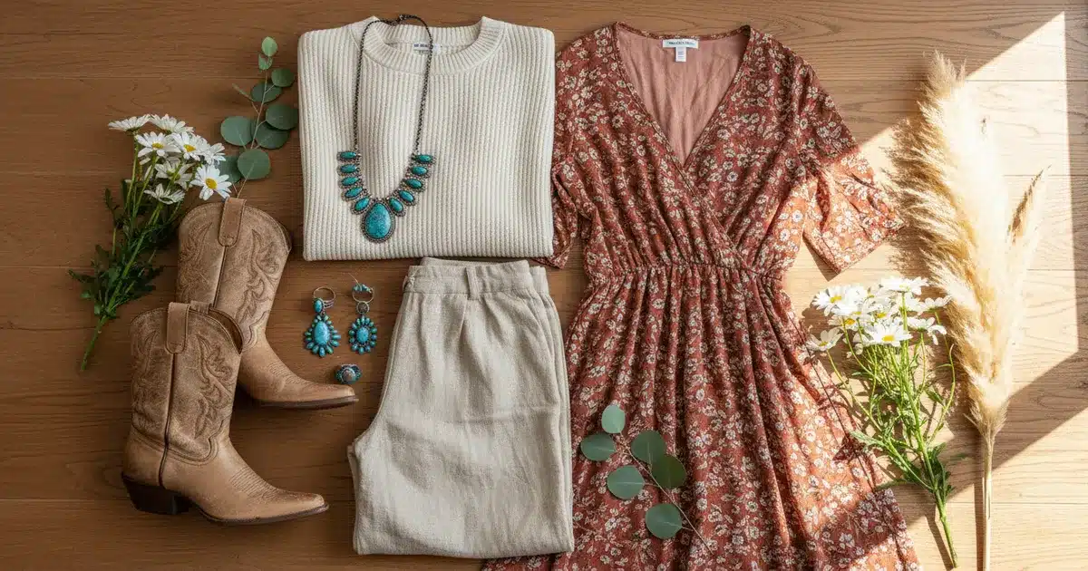 Comfortable women's clothing flat-lay featuring knit sets, maxi dresses, wide-leg trousers, cowboy boots, and turquoise jewelry in a western boho style