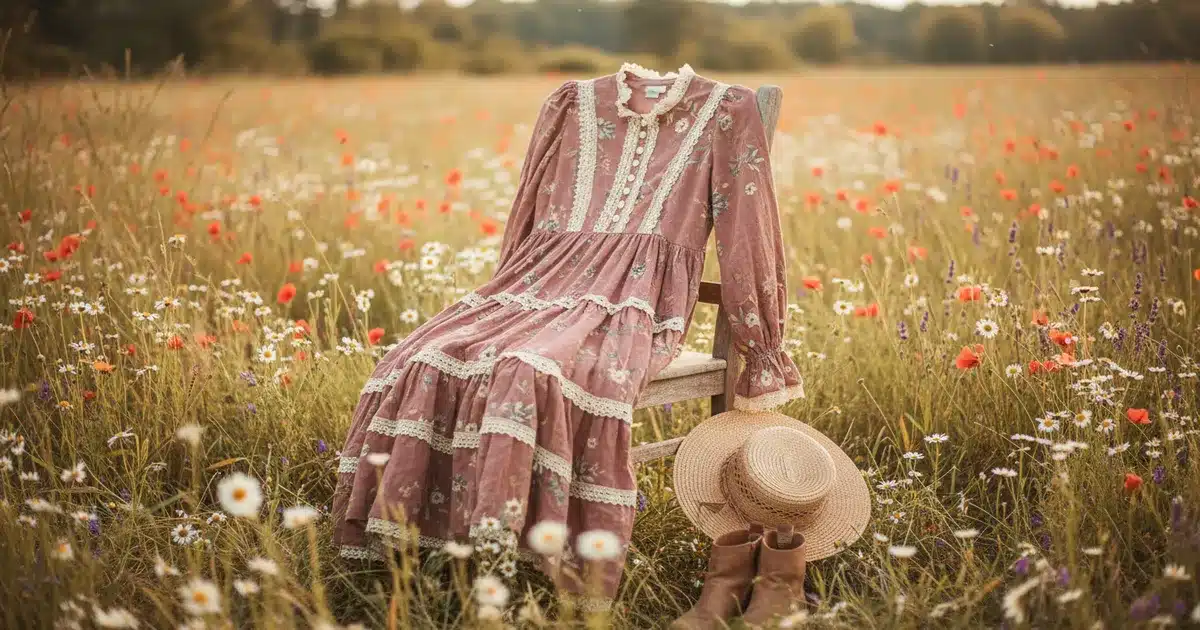 Cottagecore prairie dress in dusty rose with lace trim styled in a wildflower meadow with straw hat and ankle boots