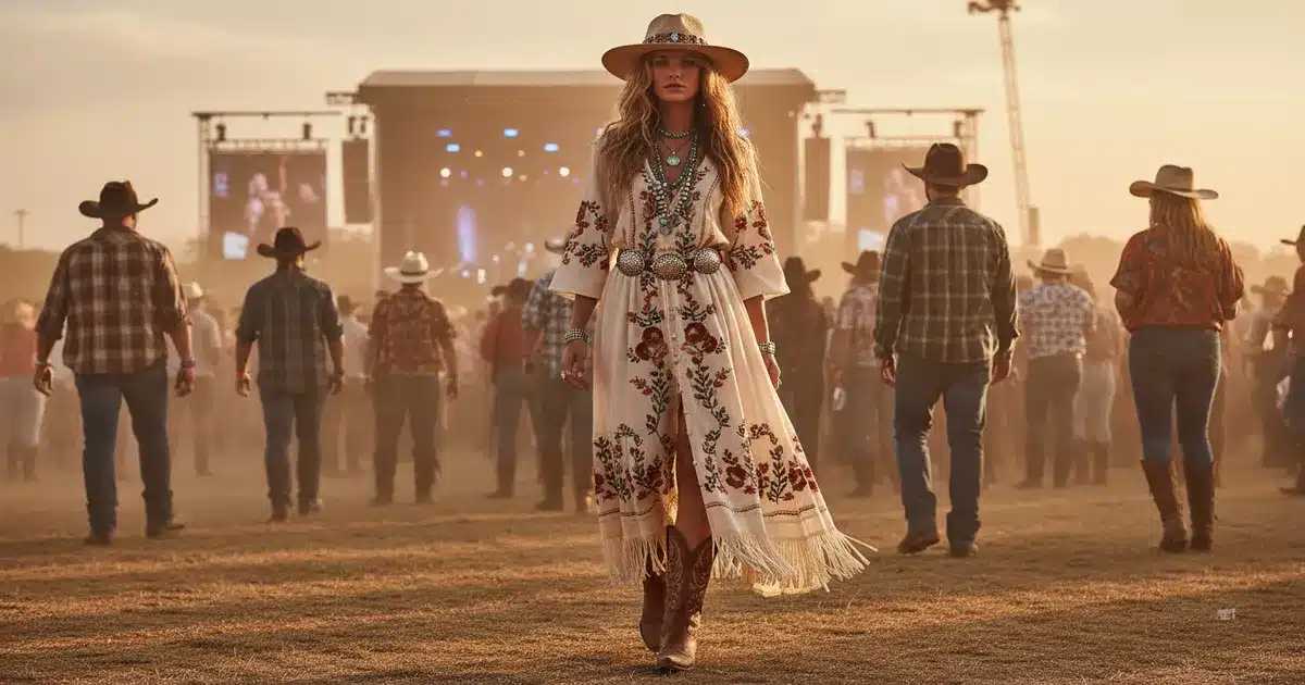 Woman in cowboy boots and western dress at a country music concert during golden hour
