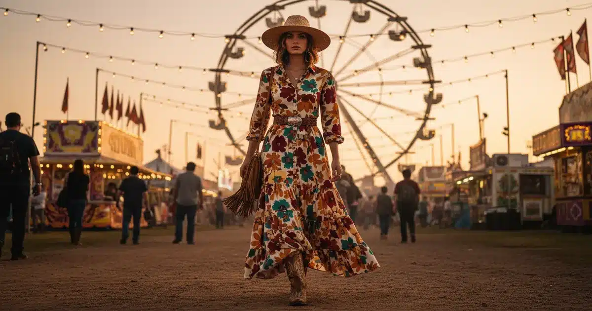 Woman wearing a floral western dress and cowboy boots at a county fair with Ferris wheel in the background