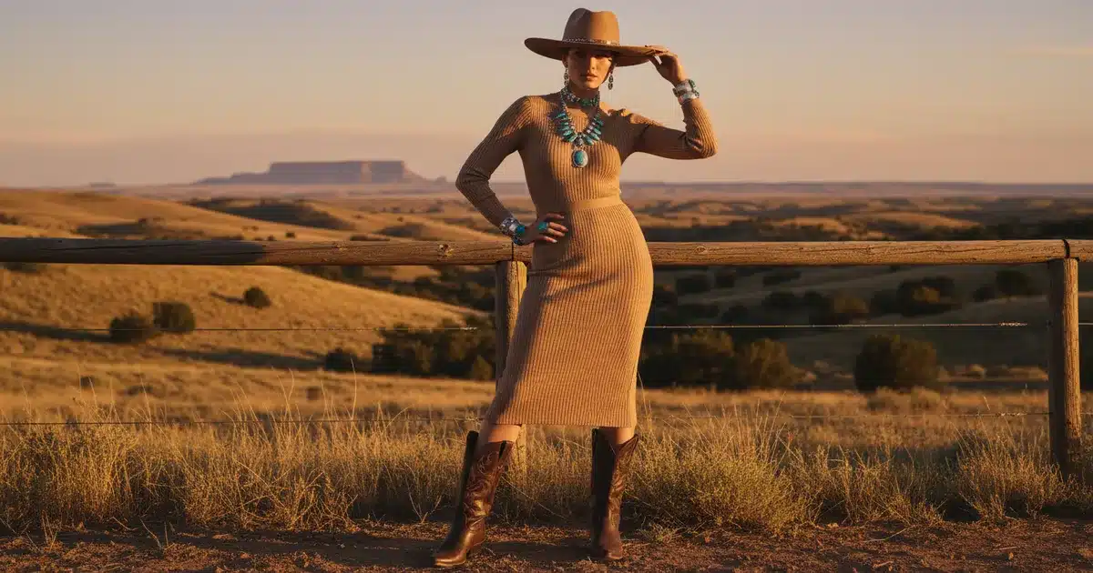 Cowboy core outfit for women featuring cowboy boots, western hat, midi dress, and turquoise jewelry in a golden-hour ranch setting