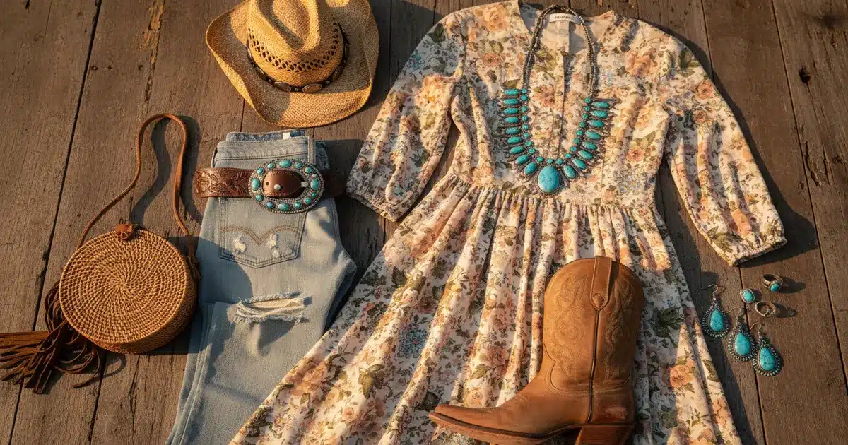 Cowgirl outfit ideas flat lay with cowboy boots, denim, western belt, turquoise jewelry, and straw hat on rustic wood