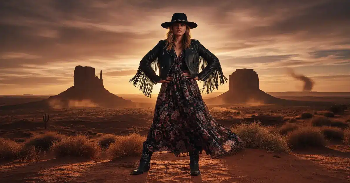 Woman wearing edgy western outfit with black fringe leather jacket, cowboy boots, and wide-brim hat