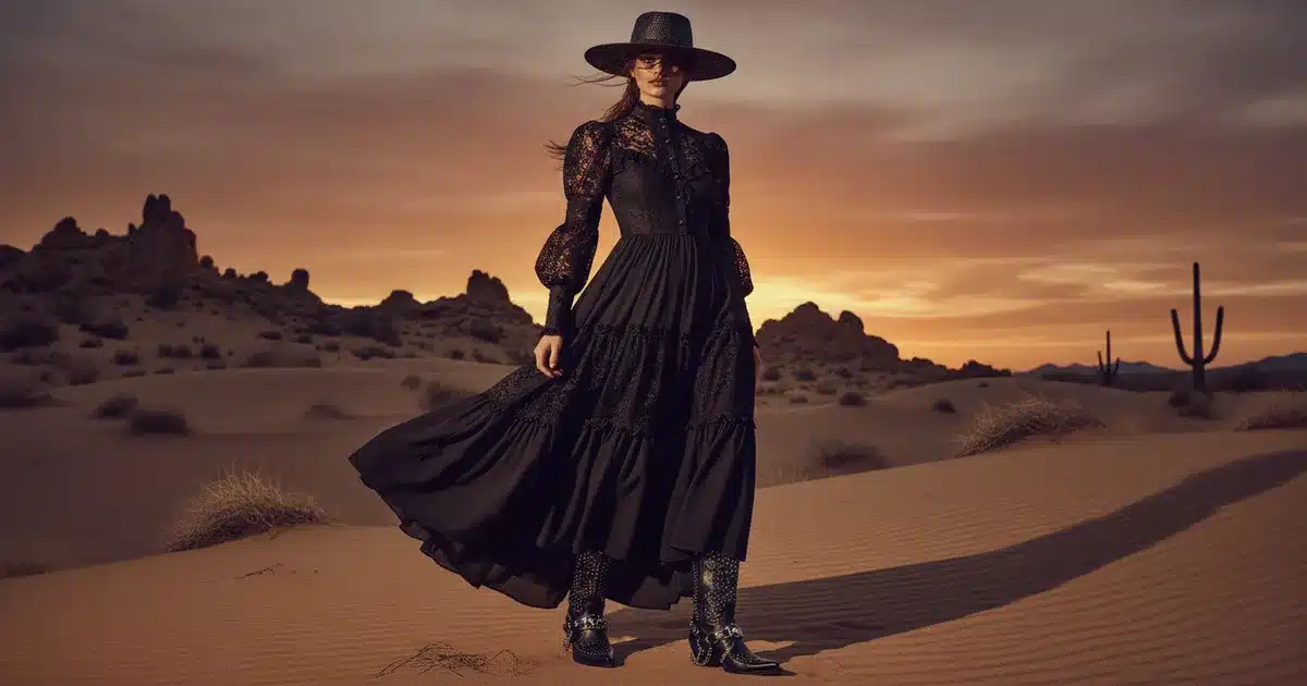 Woman wearing gothic western fashion with black prairie dress, Victorian lace details, and dark cowboy boots in a dramatic desert setting