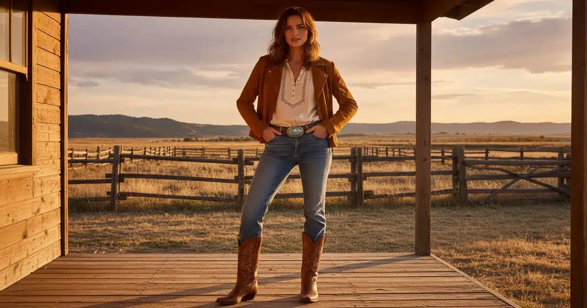 Woman wearing cowboy boots with bootcut jeans in a western ranch setting during golden hour