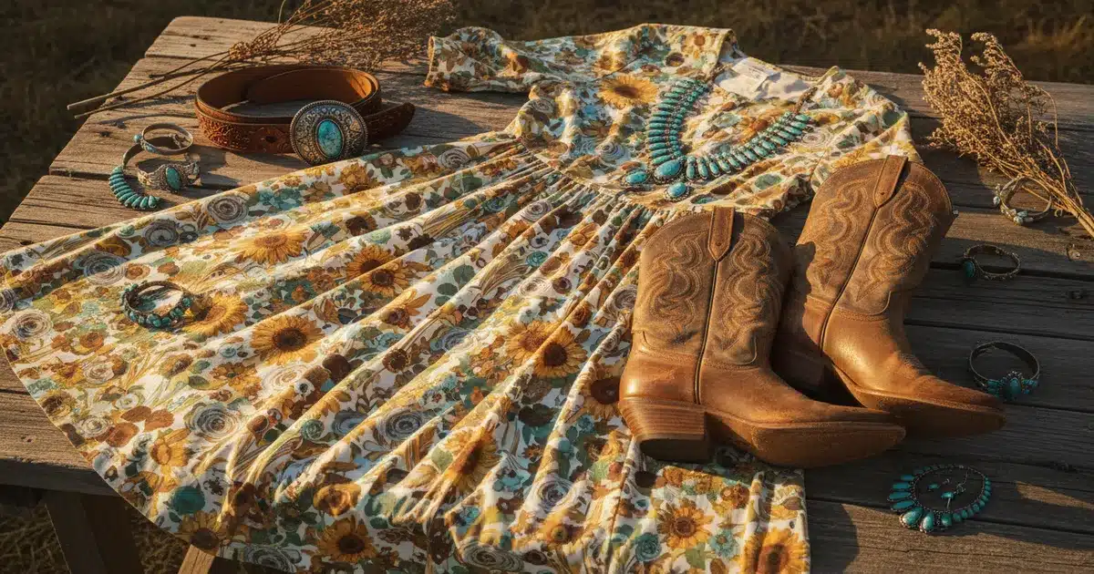 Western prairie dress with cowboy boots and turquoise jewelry styled on rustic wood surface