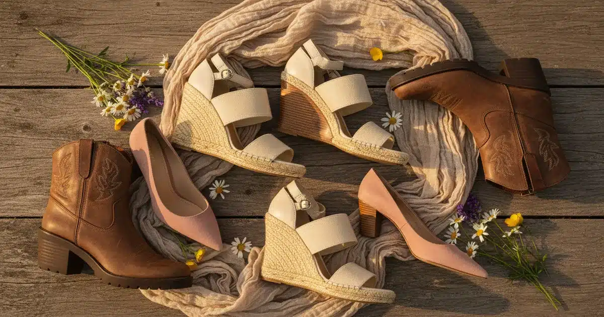 Seven types of comfortable heels including block heels, wedge sandals, kitten heels, and chunky western boots arranged on rustic wood