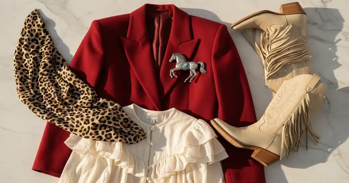 New York Fashion Week runway trends styled as western-inspired outfit pieces including red blazer, cowboy boots, vintage brooch, and prairie blouse