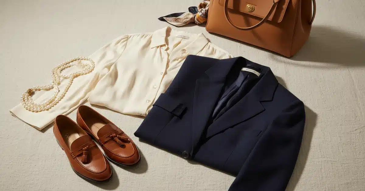 Old money aesthetic wardrobe essentials including tailored blazer, pearl necklace, leather loafers, silk blouse, and structured tote bag