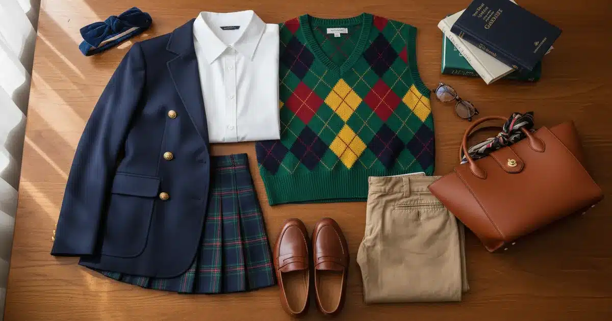 Preppy style wardrobe essentials flat lay featuring Oxford shirt, blazer, argyle sweater vest, plaid skirt, loafers, and structured tote bag