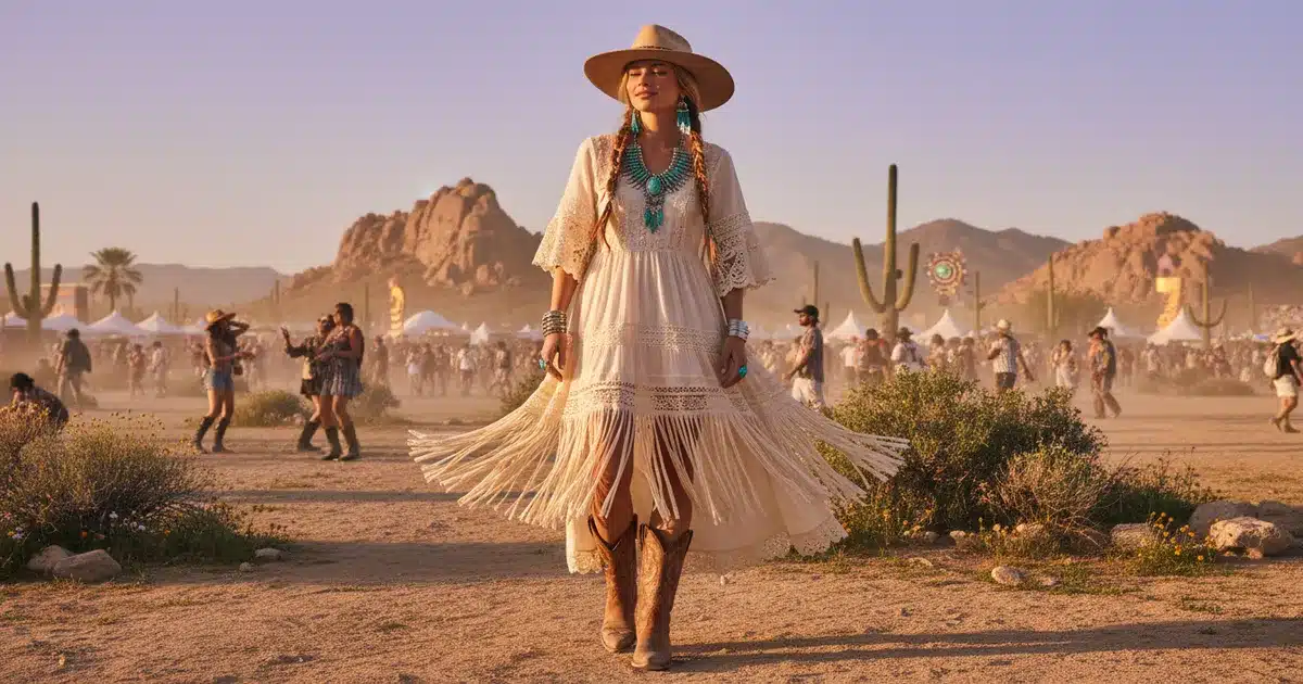Woman wearing boho prairie dress and cowboy boots at Stagecoach festival in the desert at golden hour