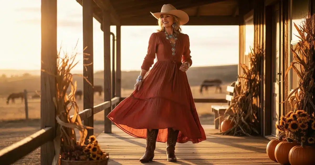 Confident mature woman wearing flowing western prairie dress with cowboy boots in golden hour light