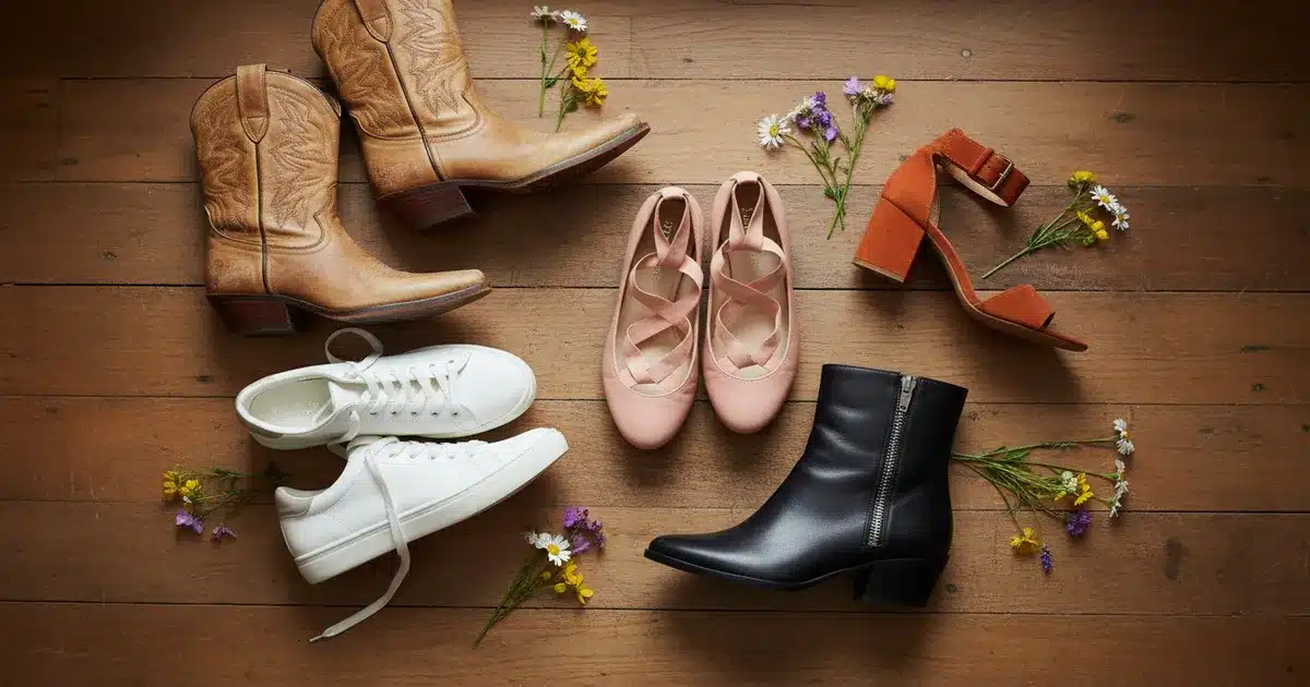 15 types of shoes for women including cowboy boots, sneakers, ballet flats, sandals, and ankle boots arranged on a wooden floor