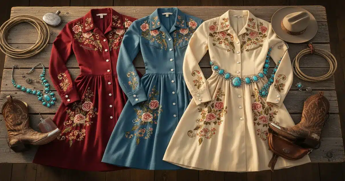 Vintage western dresses from the 1950s featuring embroidered gabardine fabric, pearl snap buttons, and turquoise jewelry on a rustic wooden surface