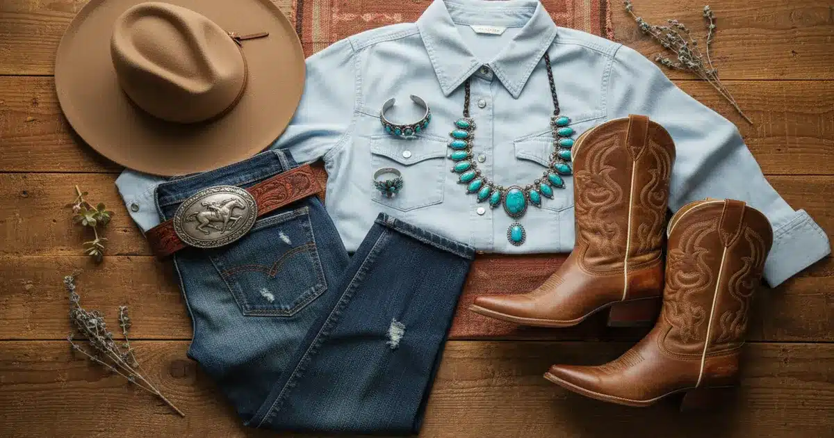 Western capsule wardrobe essentials flatlay with cowboy boots, jeans, chambray shirt, turquoise jewelry, leather belt, and cowboy hat