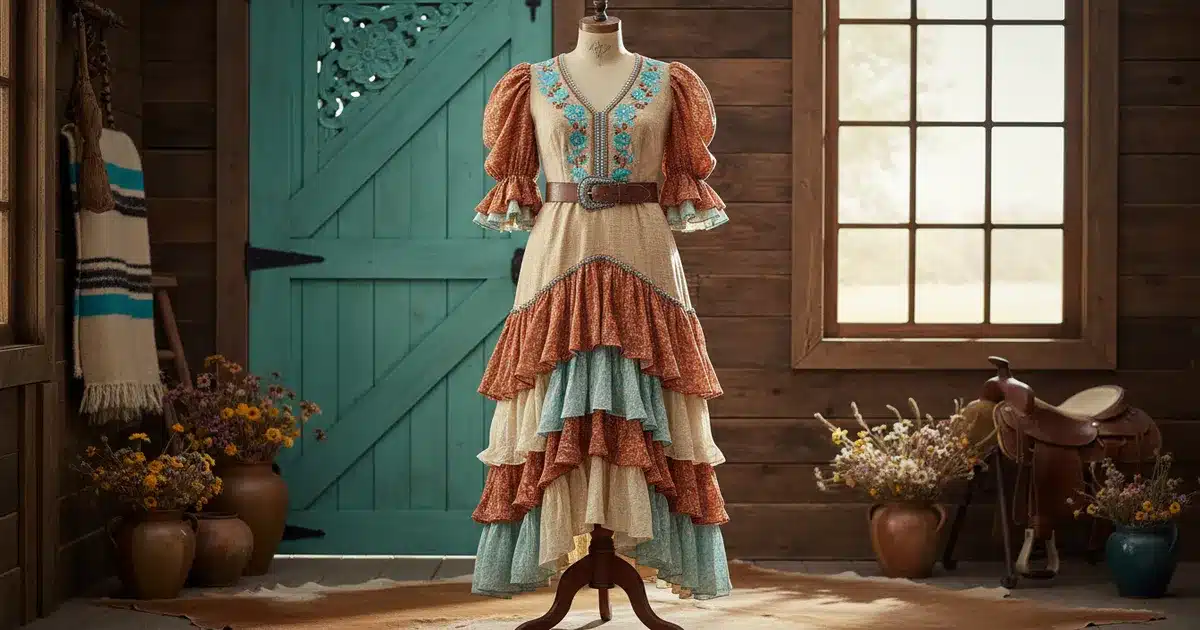 Western dresses styled for inverted triangle body shape featuring tiered prairie and fit-and-flare silhouettes