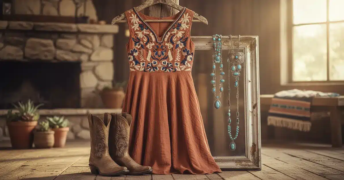 Western dresses styled for pear shaped women featuring A-line silhouette with embroidered bodice and cowboy boots