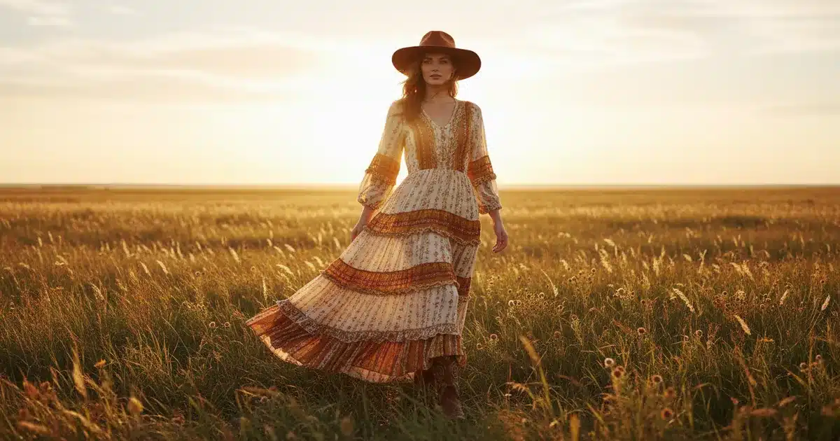 Tall woman wearing a flowing western maxi dress with tiered ruffles and cowboy boots in a sunlit prairie setting