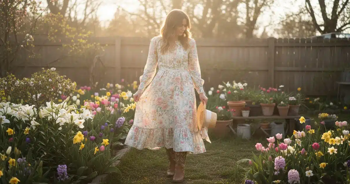 Woman wearing a pastel floral prairie dress with cowboy boots for a western Easter outfit