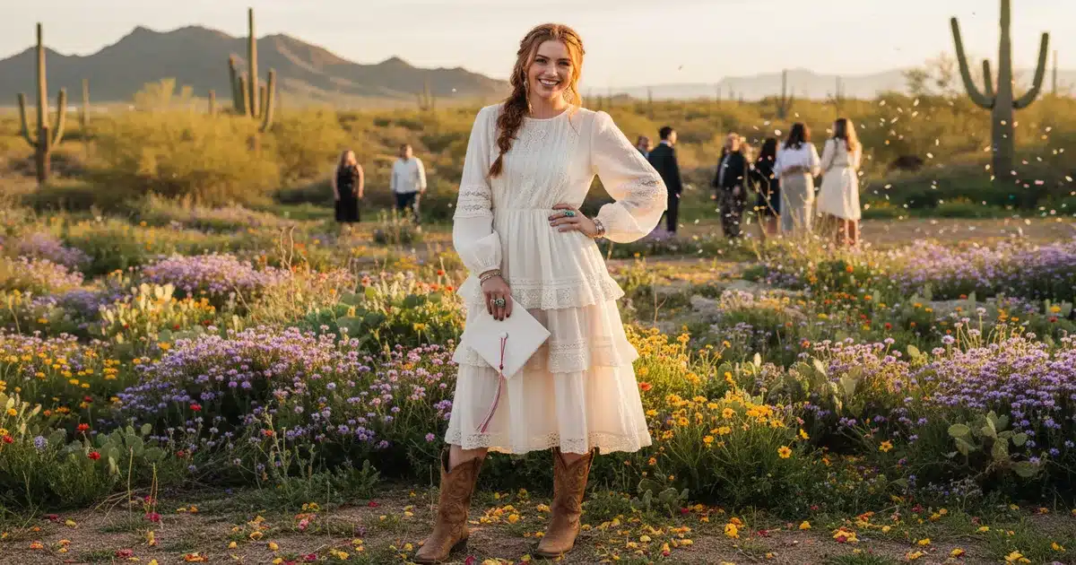 Woman wearing western graduation outfit with cowboy boots and prairie dress at outdoor ceremony