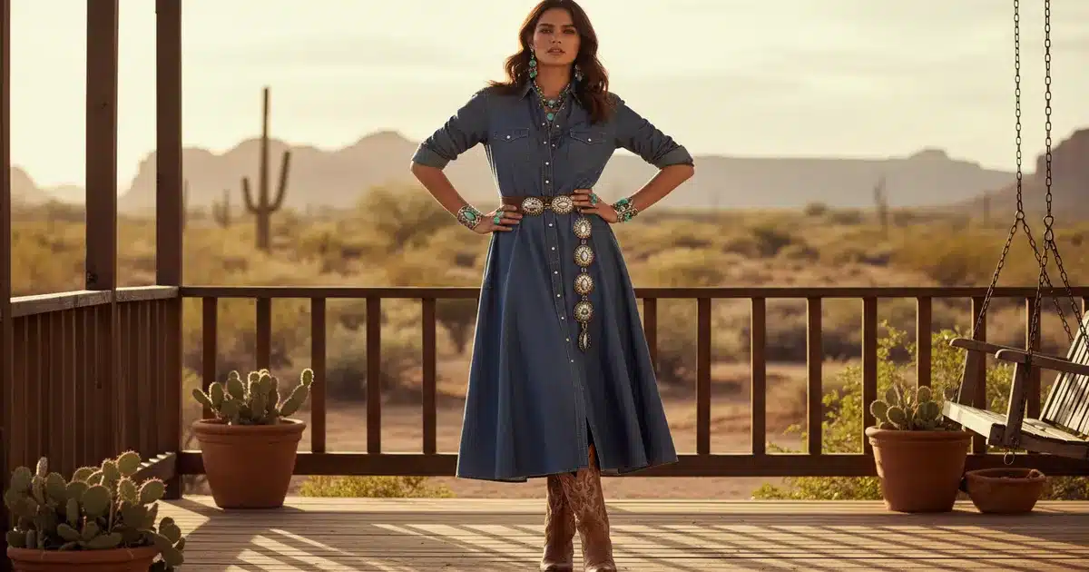 Western shirt dress outfit styled with cowboy boots and concho belt in golden hour lighting