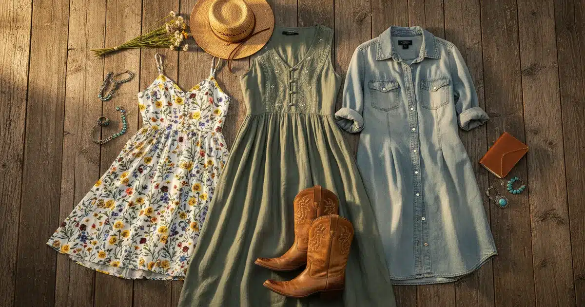 Western summer dresses styled with cowboy boots and straw hat on rustic wood surface