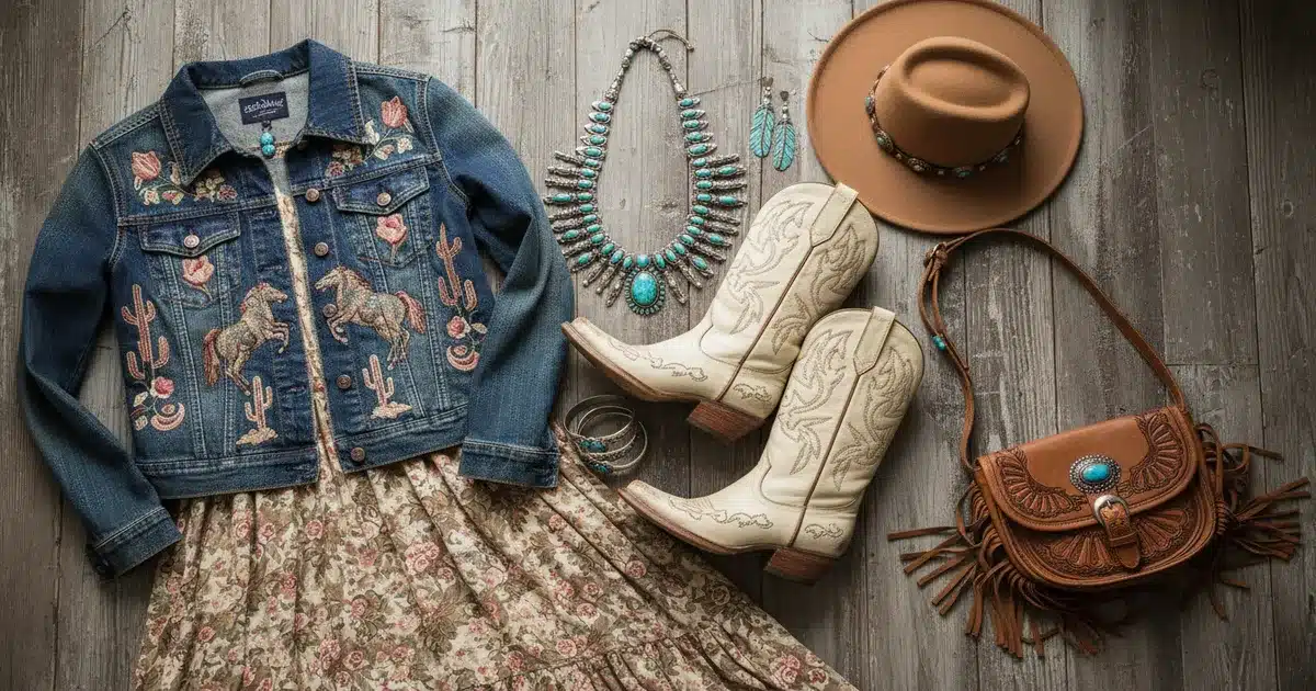 Best western wear brands for women featuring cowgirl boots, turquoise jewelry, and embroidered western jacket