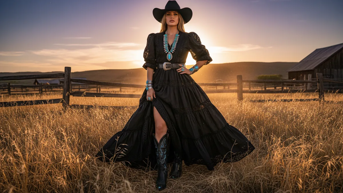 Black western dress outfit styled with cowboy boots and turquoise accessories for a versatile western look