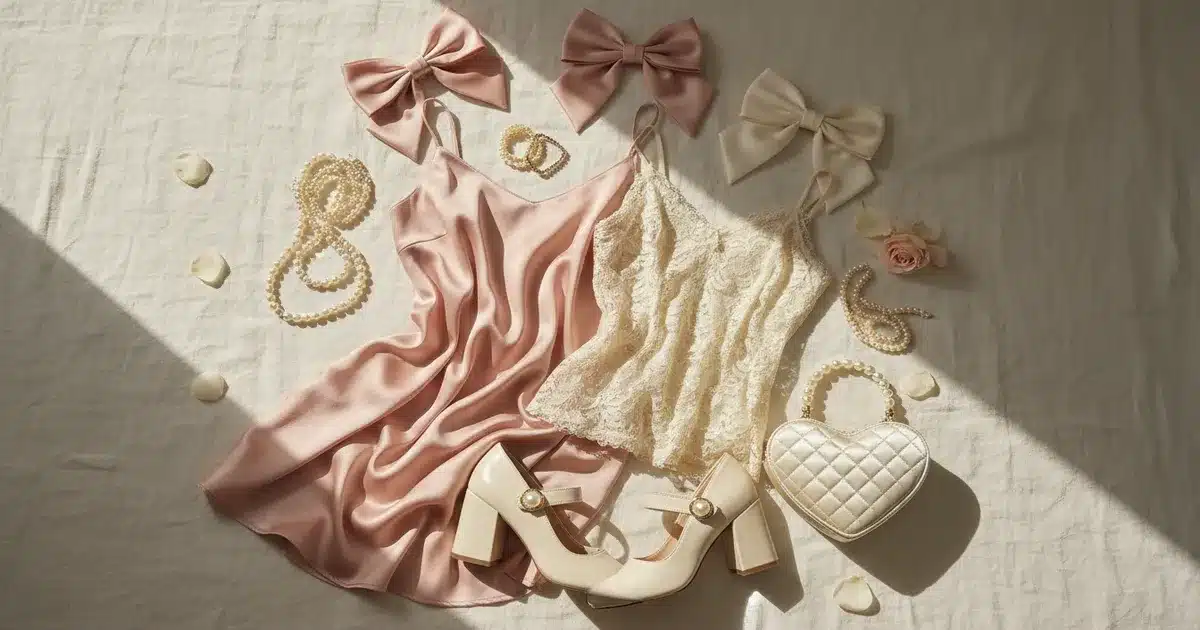 Coquette aesthetic wardrobe essentials flat lay with satin slip dress, lace camisole, pearl jewelry, satin hair bows, and Mary Jane shoes