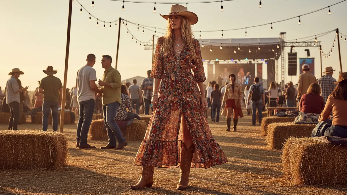 Country concert outfits for women featuring cowboy boots and a floral dress at an outdoor music festival