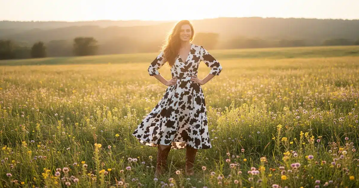Cow print dress outfit ideas - woman wearing cow print midi dress with cowboy boots in golden hour lighting