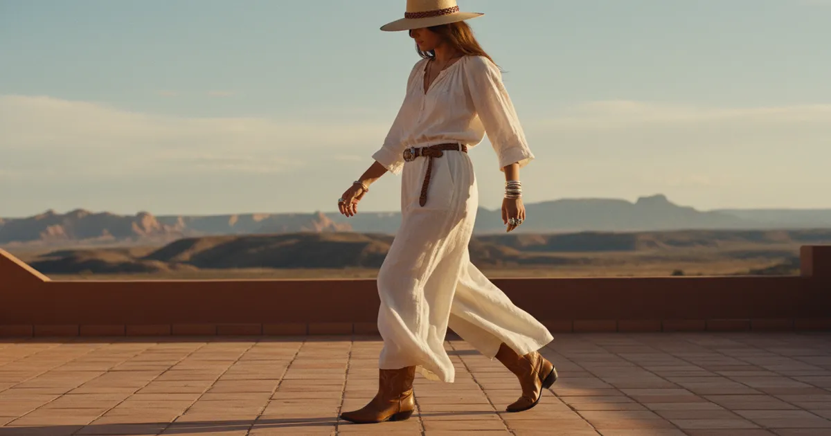 Woman wearing cowboy boots with wide leg pants in a western styled outfit