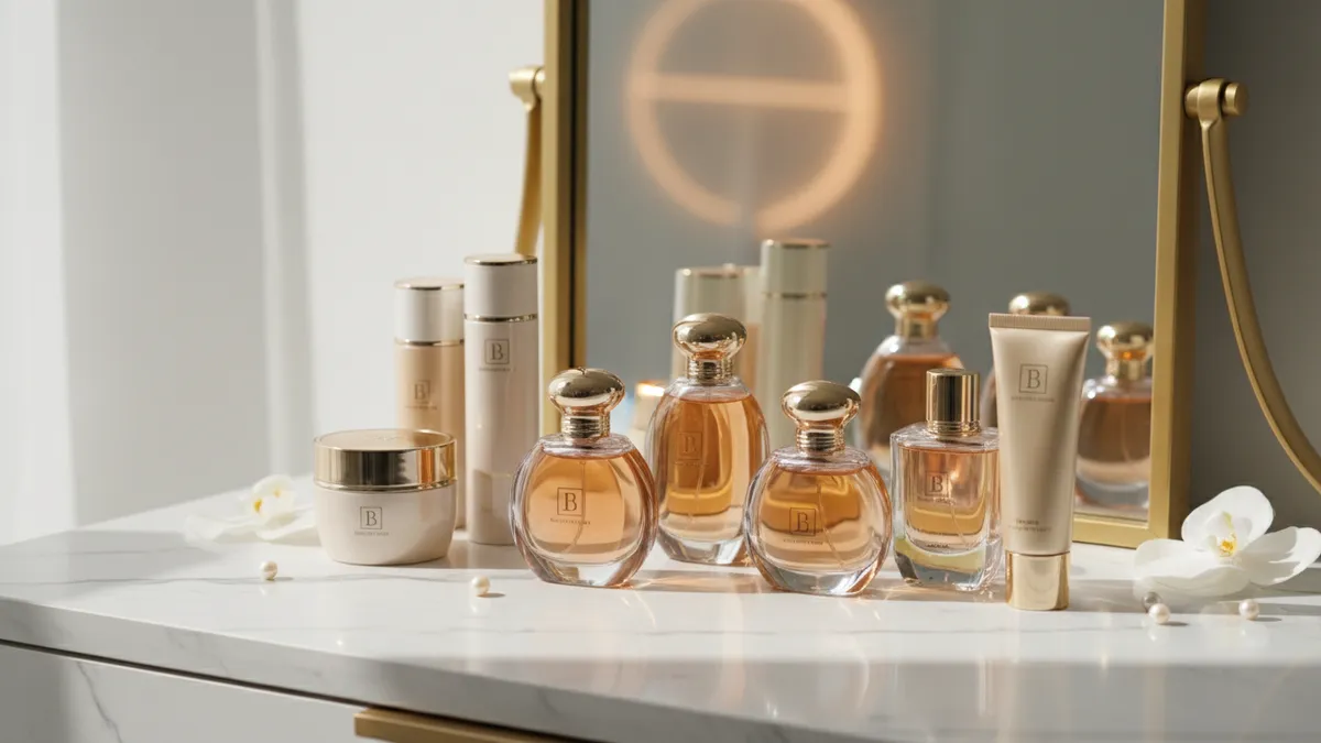 Luxury beauty and fragrance products representing the Estée Lauder and Puig merger discussions in 2026