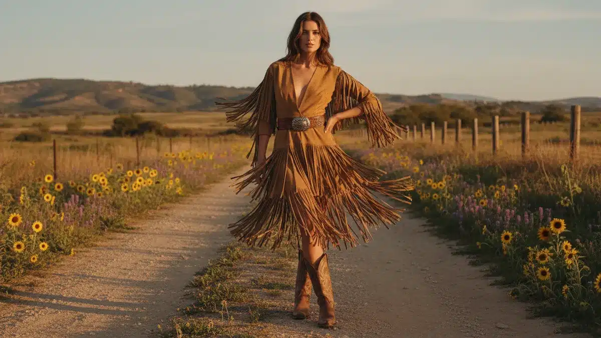 Fringe western dress outfit with tan suede fringe dress and brown cowboy boots in golden hour light