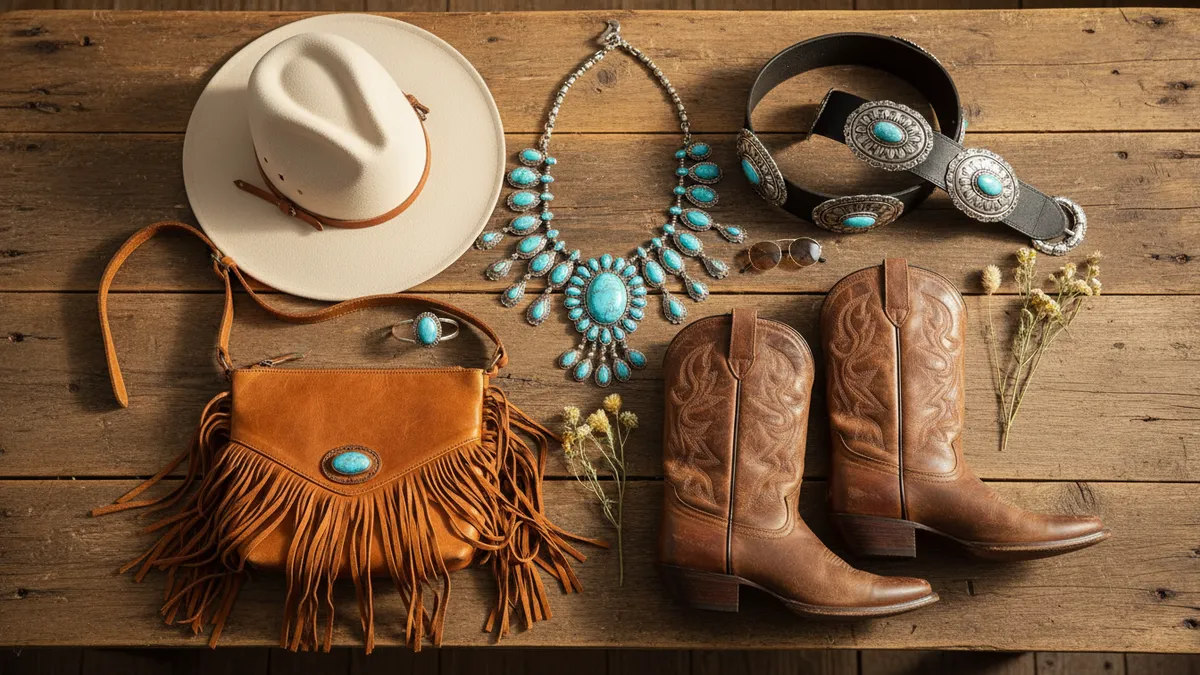 Western dress accessories flat lay with cowboy boots turquoise jewelry concho belt felt hat and fringe bag on rustic wood
