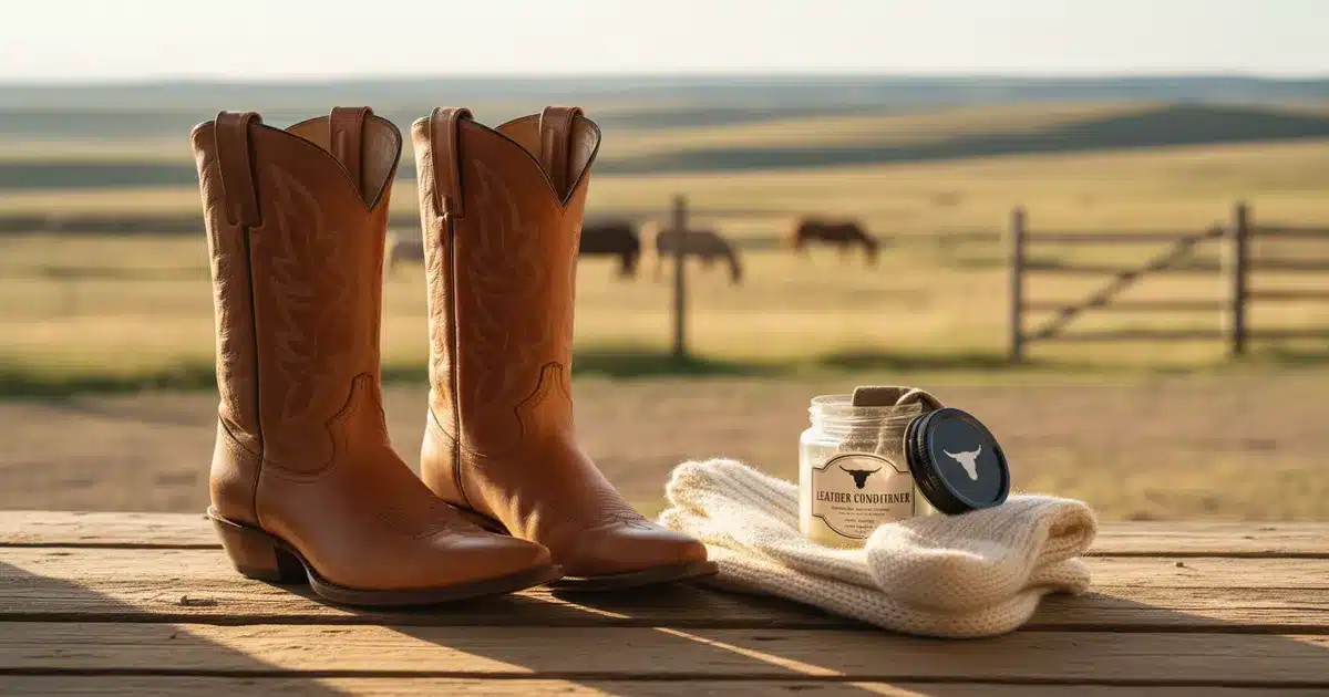New cowboy boots with thick socks and leather conditioner on a rustic porch step