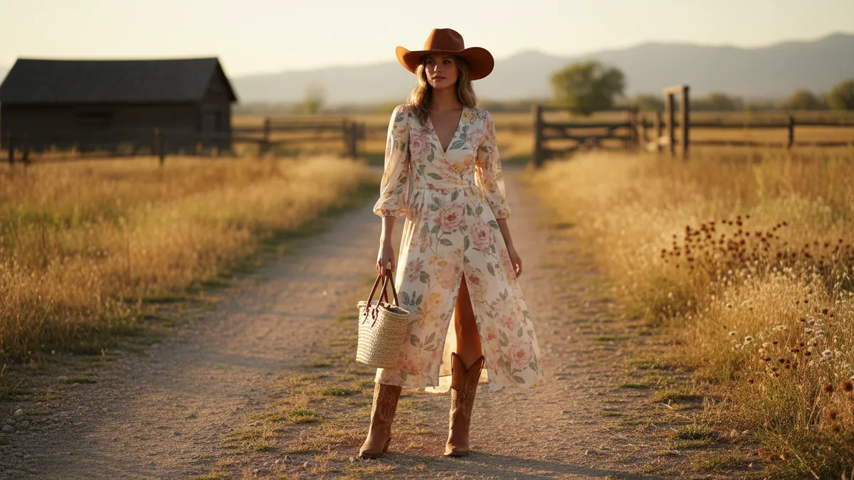How to wear cowboy boots with a dress - woman in floral midi dress and western boots