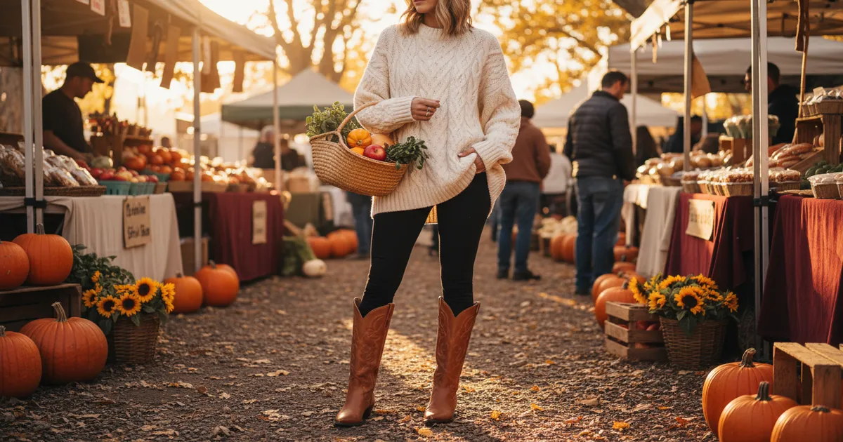 Woman wearing cowboy boots with leggings and an oversized sweater at an autumn farmers market
