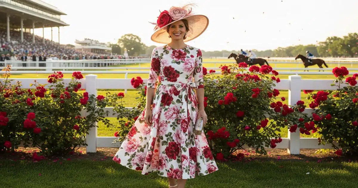 Kentucky Derby outfits for women featuring a floral midi dress and wide-brimmed hat at Churchill Downs