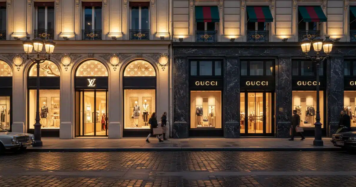 LVMH and Kering luxury fashion storefronts representing 2025 annual results and revenue decline