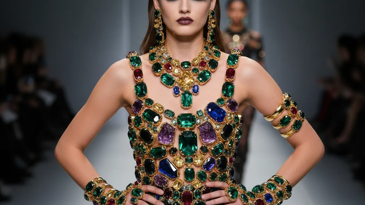 Bold maximalist statement jewelry from Paris Fashion Week Fall 2026 runway collections featuring oversized gems and gold accessories