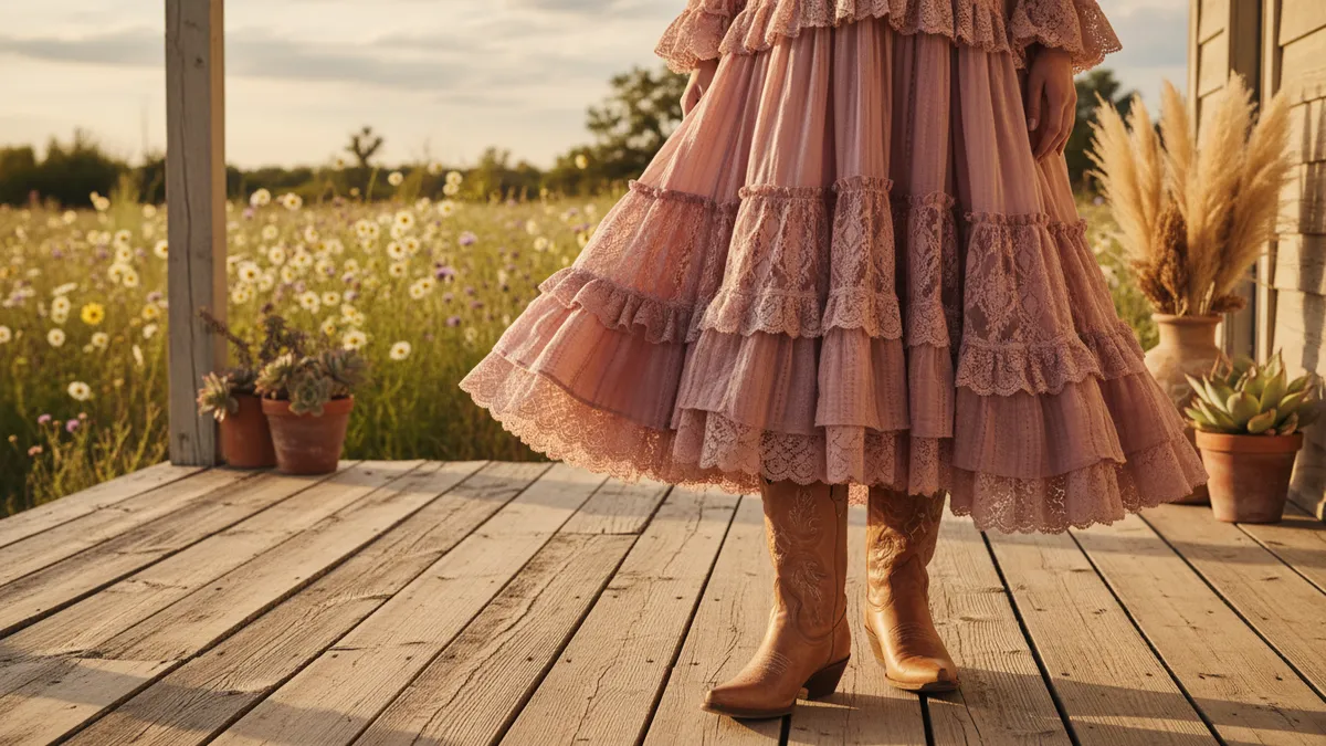 Pink western dress outfit with cowboy boots styled for spring occasions