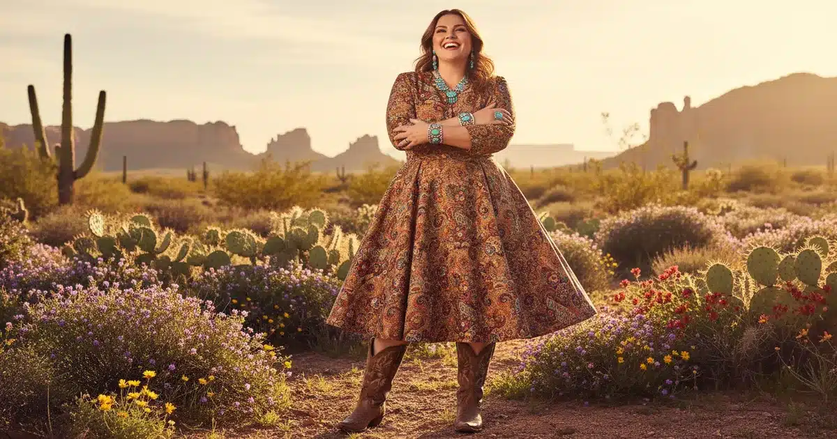 Plus size woman wearing a flattering A-line western dress with cowboy boots in a southwestern landscape