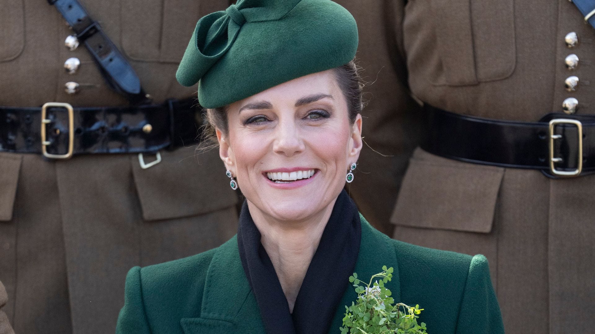 Princess of Wales wearing Alexander McQueen green coat and Asprey emerald earrings at St Patricks Day Parade 2026 Aldershot