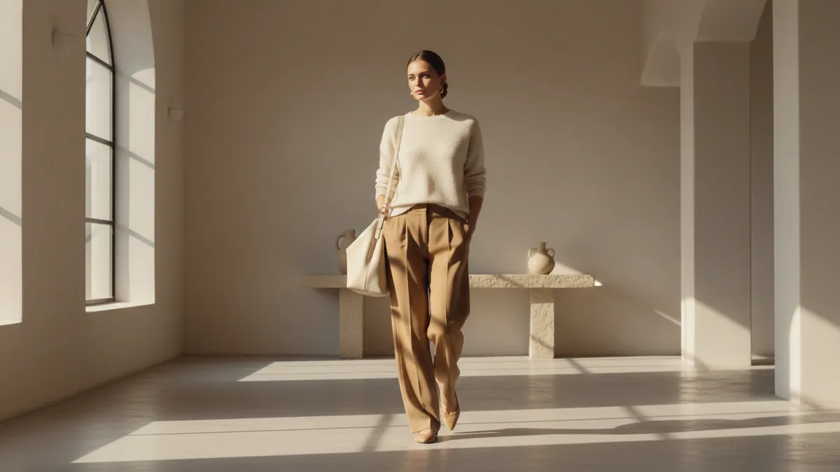 Woman wearing quiet luxury outfit with cashmere sweater and tailored trousers in neutral tones