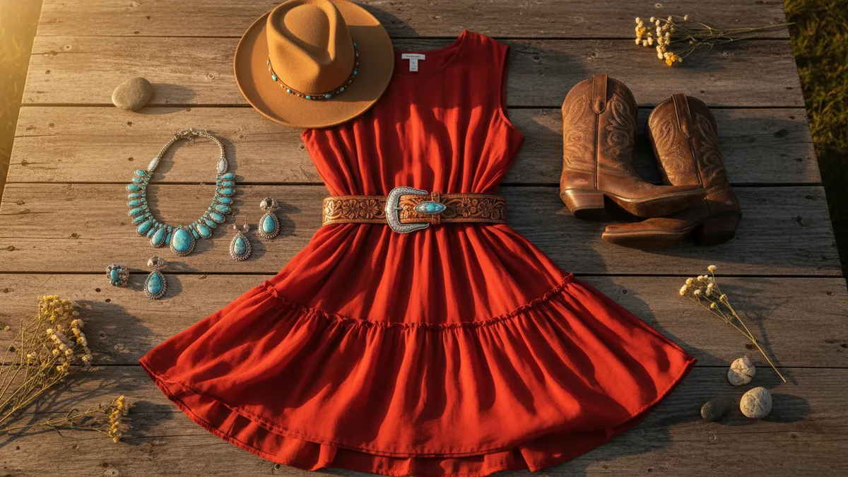 Red western dress outfit styled with cowboy boots, turquoise jewelry, and tooled leather belt for western fashion