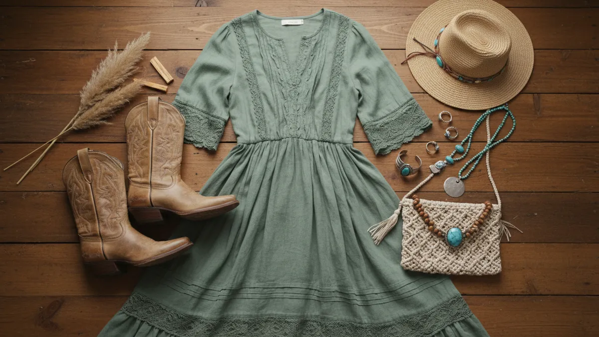 Sage green western dress outfit flatlay with cowboy boots turquoise jewelry and straw hat
