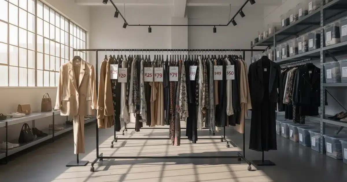 Secondhand fashion market 2026 resale clothing rack in modern warehouse